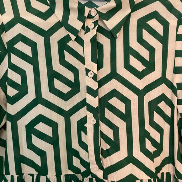 Zara Ecru White Green Geo Geometric Print Karen Tiered Midi Dress - Picture 5 of 7